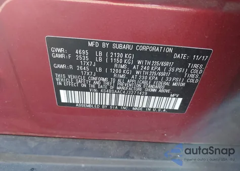 2018 Subaru Outback 2.5I z USA, uszkodzony, nr VIN 4S4BSAAC4J3271429